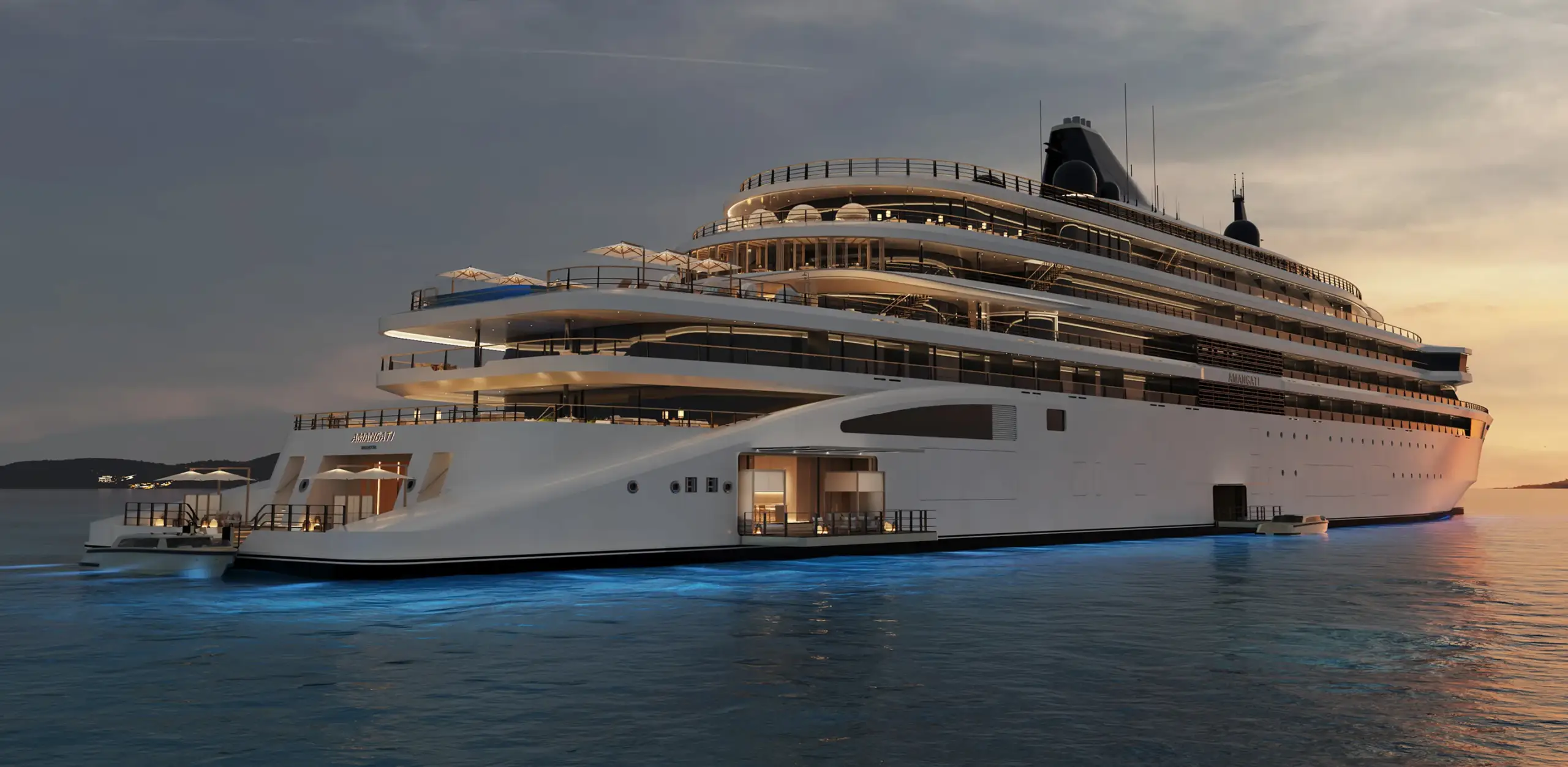 Luxury multi-deck white yacht at sunset, calm blue water and warm hull lighting sunrise glow across the scene