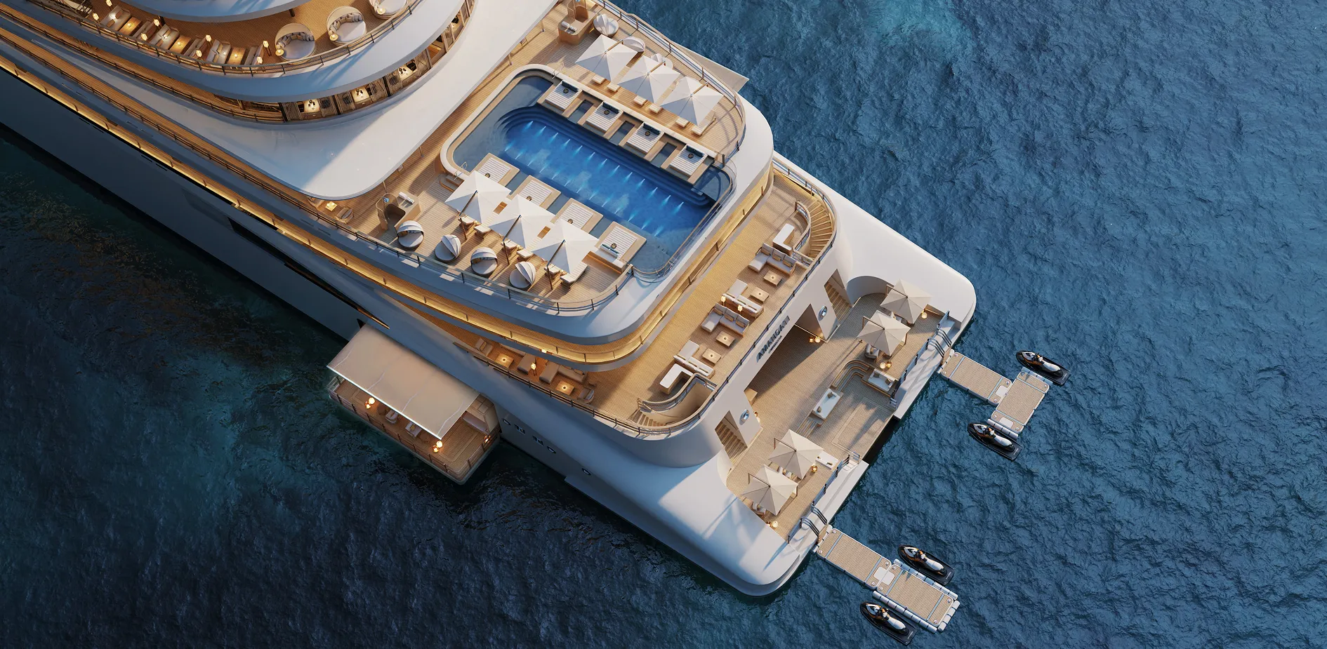 Aerial view of a luxury cruise ship with a rectangular pool, sun loungers, and deck lounge areas on multiple levels.