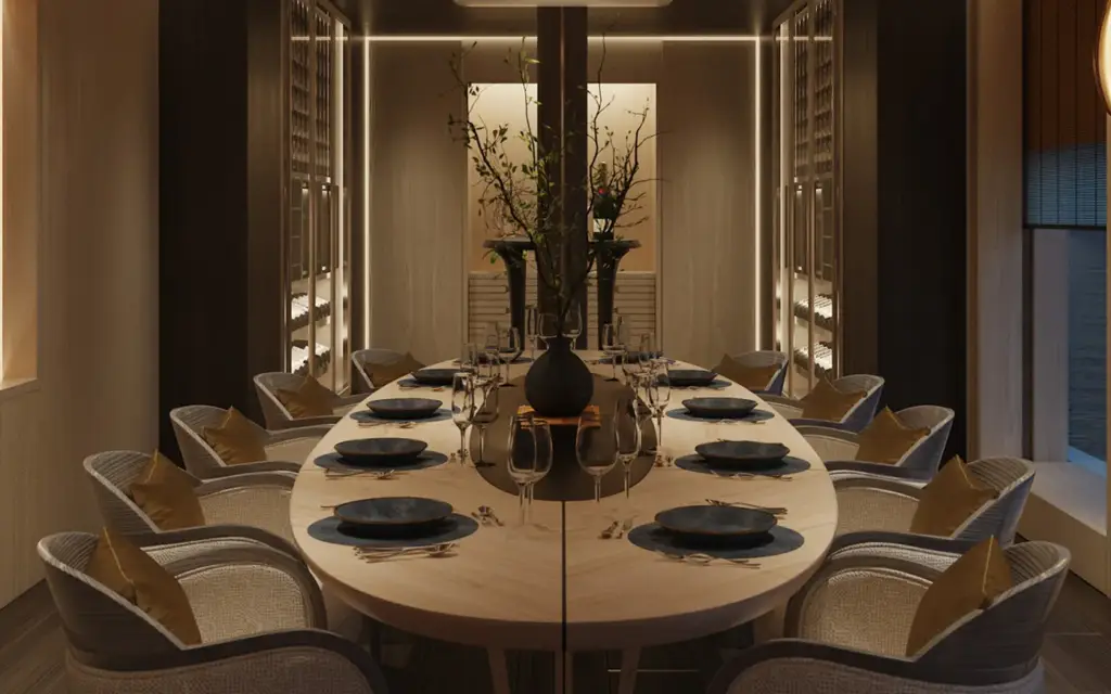 Amangati aman grill private dinning 02 1394x1394p | The Luxury Travel Atlas | The Luxury Travel Atlas Luxurious Private Dining Room with an Oval Wooden Table, Black Vase Centerpiece, and Warm Ambient Lighting.