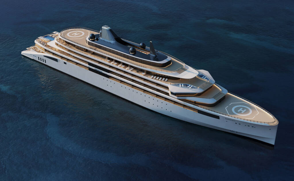 Amangati bird view 02 1890x1167px | The Luxury Travel Atlas | The Luxury Travel Atlas Aerial View of a White Luxury Megayacht on Blue Water, Featuring Multiple Decks and a Circular Helipad on the Top Deck.