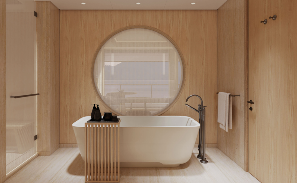 Spa-like bathroom with a white freestanding tub, round window, and warm wood paneling on the walls.
