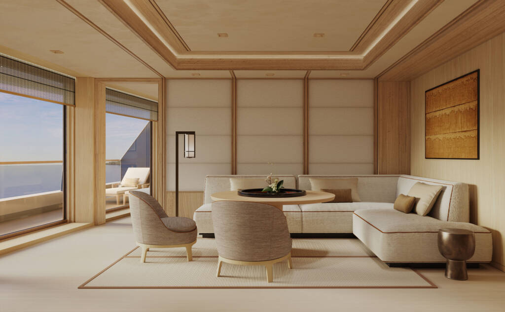 Luxurious beige living room with a round coffee table, U‑shaped sofa, and large windows opening to a balcony view.