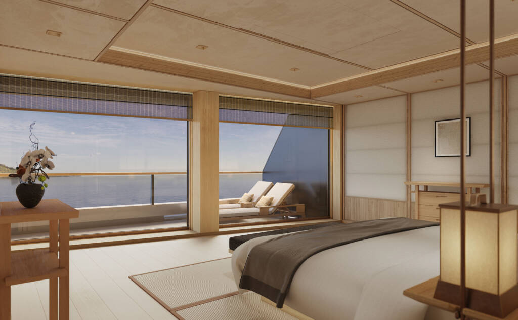 Seaside hotel room with a large windowed balcony showing two lounge chairs and an ocean view outside, wood accents throughout.”,