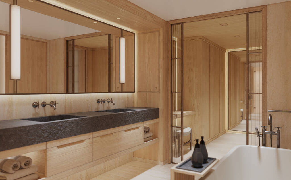 Luxurious wooden bathroom with double sinks and warm backlit mirrors on a stone countertop