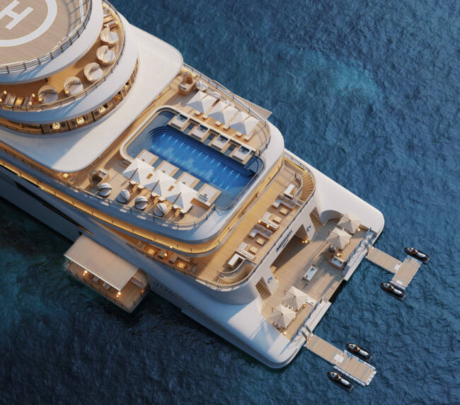 Amangati marina 04 1890x1167px | The Luxury Travel Atlas Aerial View of a Luxury White Yacht with Multiple Sun Decks, a Central Pool, and Lounge Areas on Blue Ocean Water.
