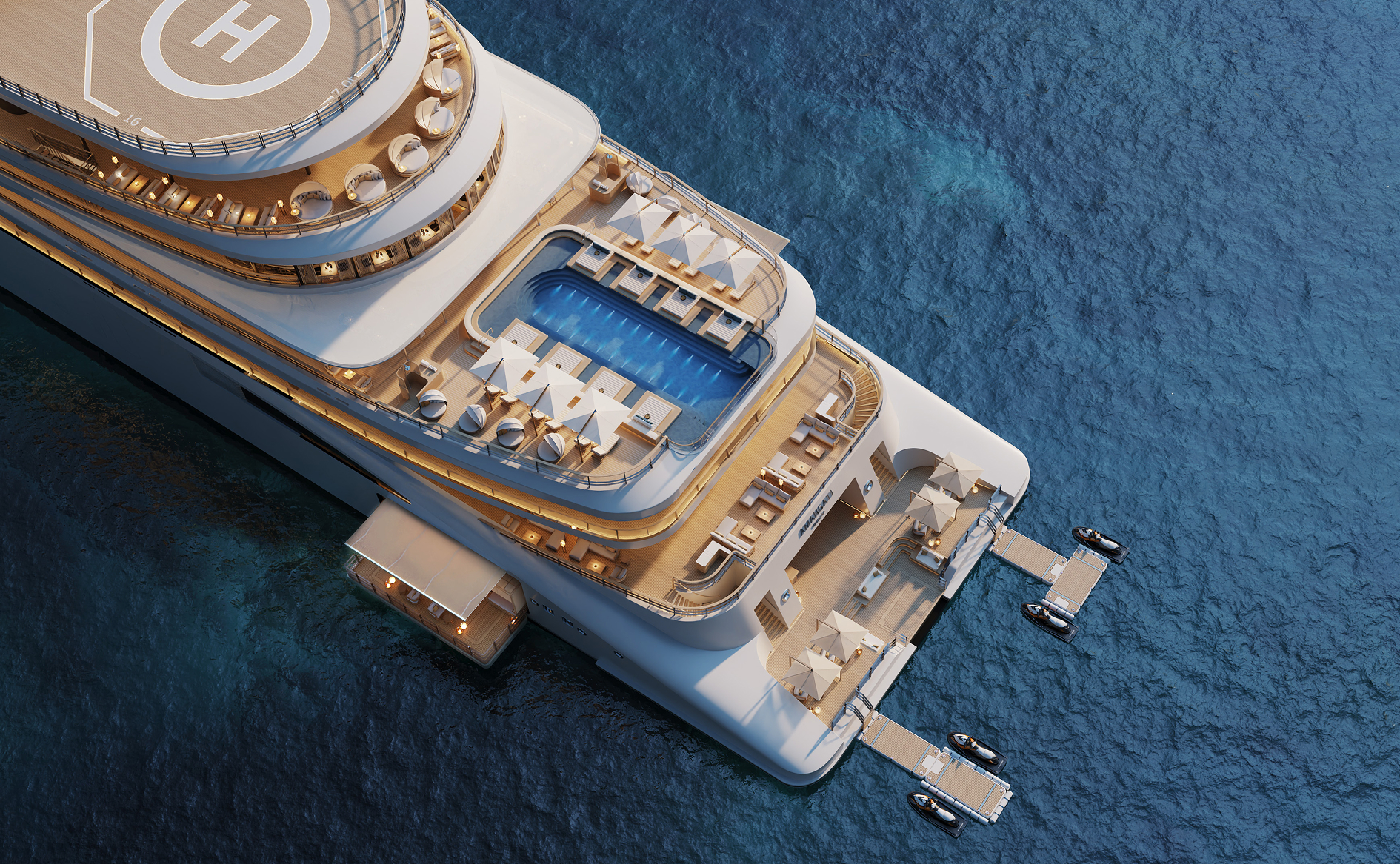 Aerial view of a luxury white yacht with multiple sun decks, a central pool, and lounge areas on blue ocean water.