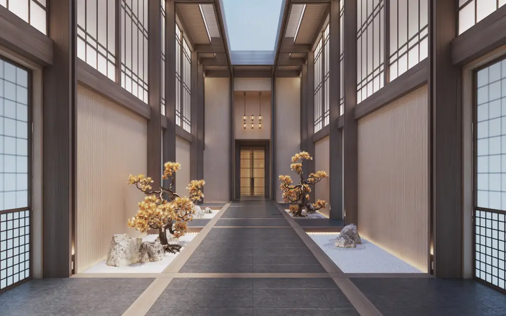 Amangati spa 03 2880x1780px | The Luxury Travel Atlas | The Luxury Travel Atlas Japanese-inspired Indoor Corridor with Wooden Beams, Shoji-style Windows, and a Skylight Ceiling over a Stone-t Covered Floor