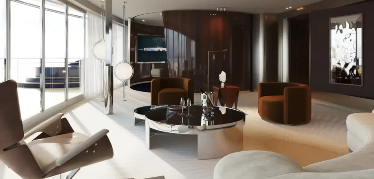 Modern luxury lounge with large windows, circular glass coffee table, and brown armchairs in a sunlit space.