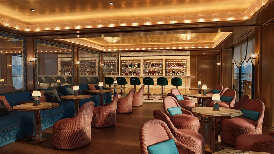 Luxurious Lounge with Pink Rounded Chairs, Teal Cushions, and Marble Tables Around a Bar in Warm, Amber Lighting.