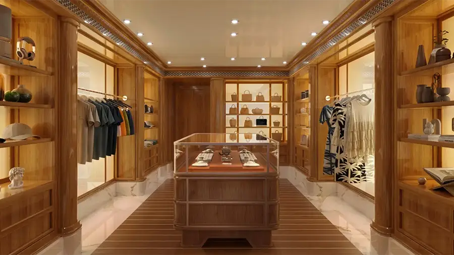 Luxurious Boutique with Wooden Walls and Shelves, a Central Glass Display Case, and Clothing/accessory Displays on Either Side.