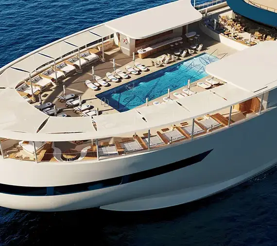 Aerial View of a Modern White Luxury Cruise Yacht with a Central Pool on the Top Deck and Sun Loungers Along the Railing.