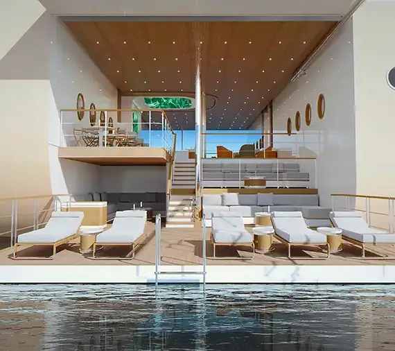 Luxurious Yacht Deck with Tiered Seating, White Sun Loungers, and a Pool at the Edge.