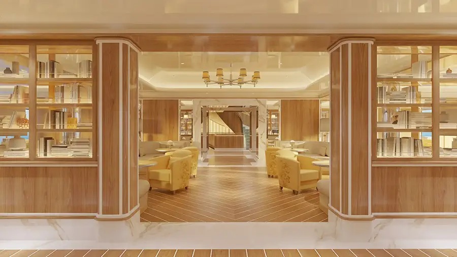 Luxurious Hotel Lobby with Wood Paneling, Warm Lighting, and Yellow Upholstered Chairs Around Seating Areas Under a Chandelier in the Center.
