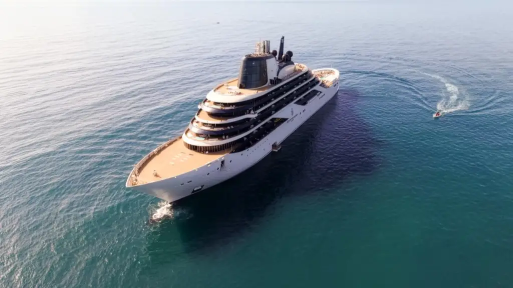 Aerial View of a Large White Luxury Cruise Ship Cruising Through Calm Blue Ocean.