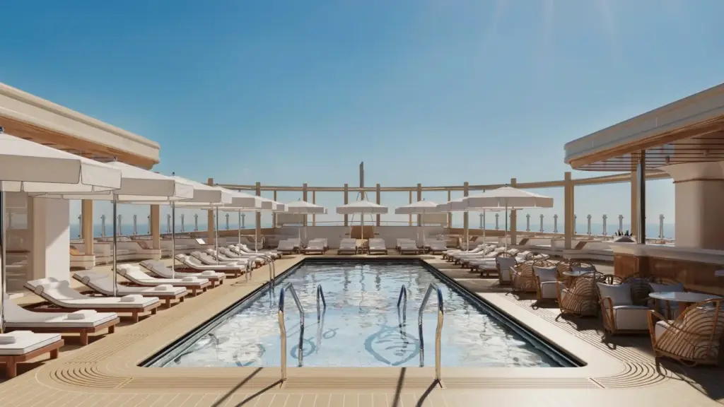 Rooftop pool area with rows of white lounge chairs under umbrellas and a clear blue sky, overlooking the water on a sunny day (informative scene of a luxury pool deck).