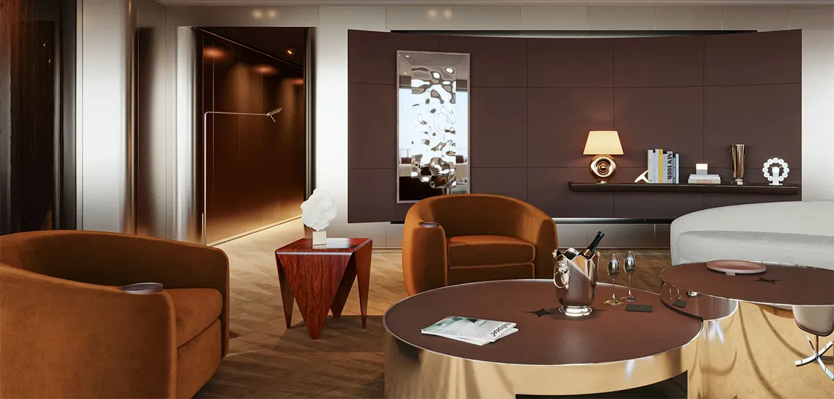 Luxurious hotel lounge with brown velvet chairs, round coffee tables, and a champagne bucket on a table, warm ambient lighting.