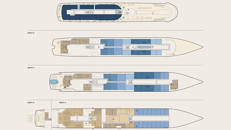 Lobby Oe Corinthian Floor Plans | The Luxury Travel Atlas | The Luxury Travel Atlas Layout of Multiple Yacht Decks with Color‑coded Staterooms and Common Areas Across Decks 3–6 (informational Diagram)