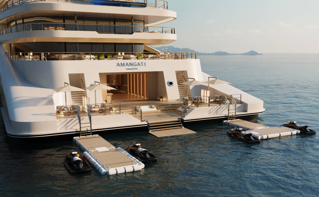 Marina splitblock 1890x1167 | The Luxury Travel Atlas | The Luxury Travel Atlas Luxurious White Luxury Yacht Named Amangati with Multiple Decks and Outdoor Lounges, Anchored on Calm Blue Water Near Shore.