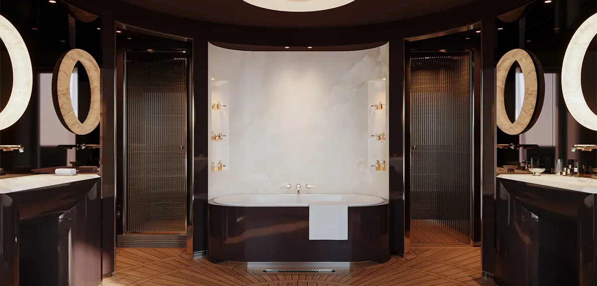 Luxurious modern bathroom with a freestanding tub in a marble alcove surrounded by dark walls and circular mirrors on both sides.