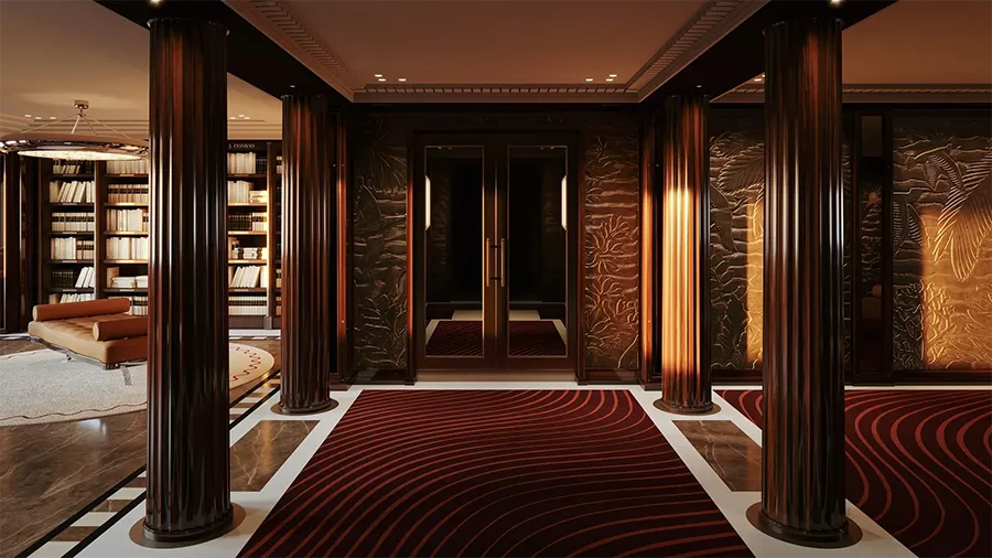Oe yacht interior | The Luxury Travel Atlas | The Luxury Travel Atlas Luxurious Hotel Lobby Featuring Dark Wood Pillars, Warm Lighting, a Red Swirl-pattern Carpet, and Glass Double Doors at the Back.