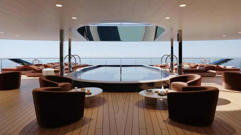 Luxurious yacht deck with a central oval pool, surrounding brown lounge chairs, and a wooden deck overlooking the ocean.