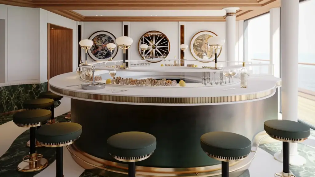 Luxurious curved bar aboard a ship with brass trim, seafood on ice, and sea view through windows