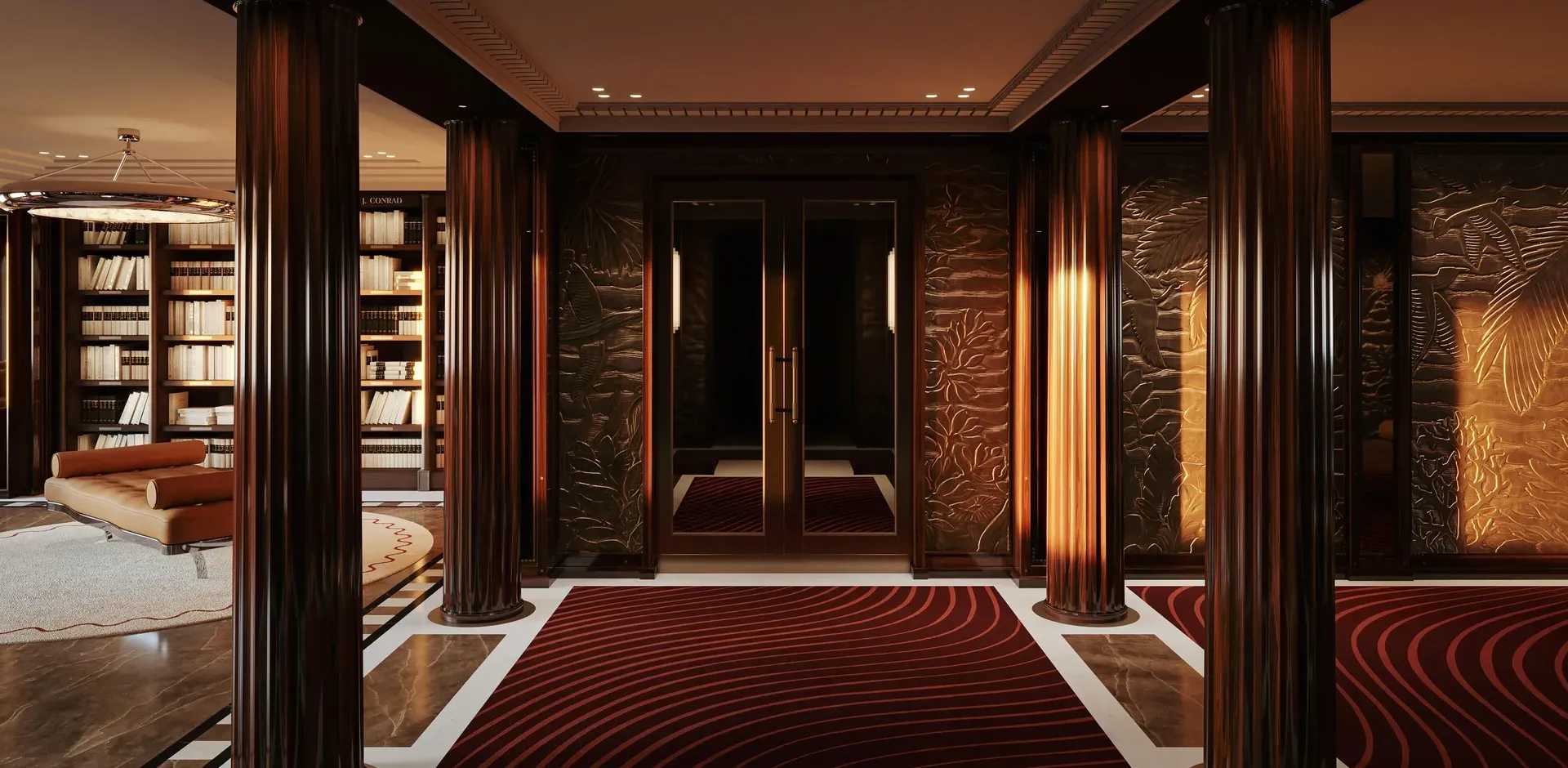 Luxurious hotel lobby with dark wood columns, warm lighting, and a glass double door entrance central to the scene.