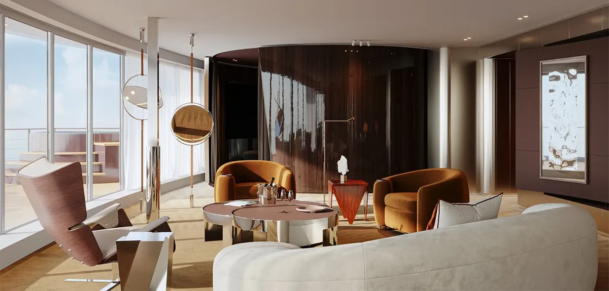 Luxurious modern living room with cream sofa, orange-armchairs, and circular glass coffee tables near floor-to-ceiling windows overlooking a balcony and sea view.